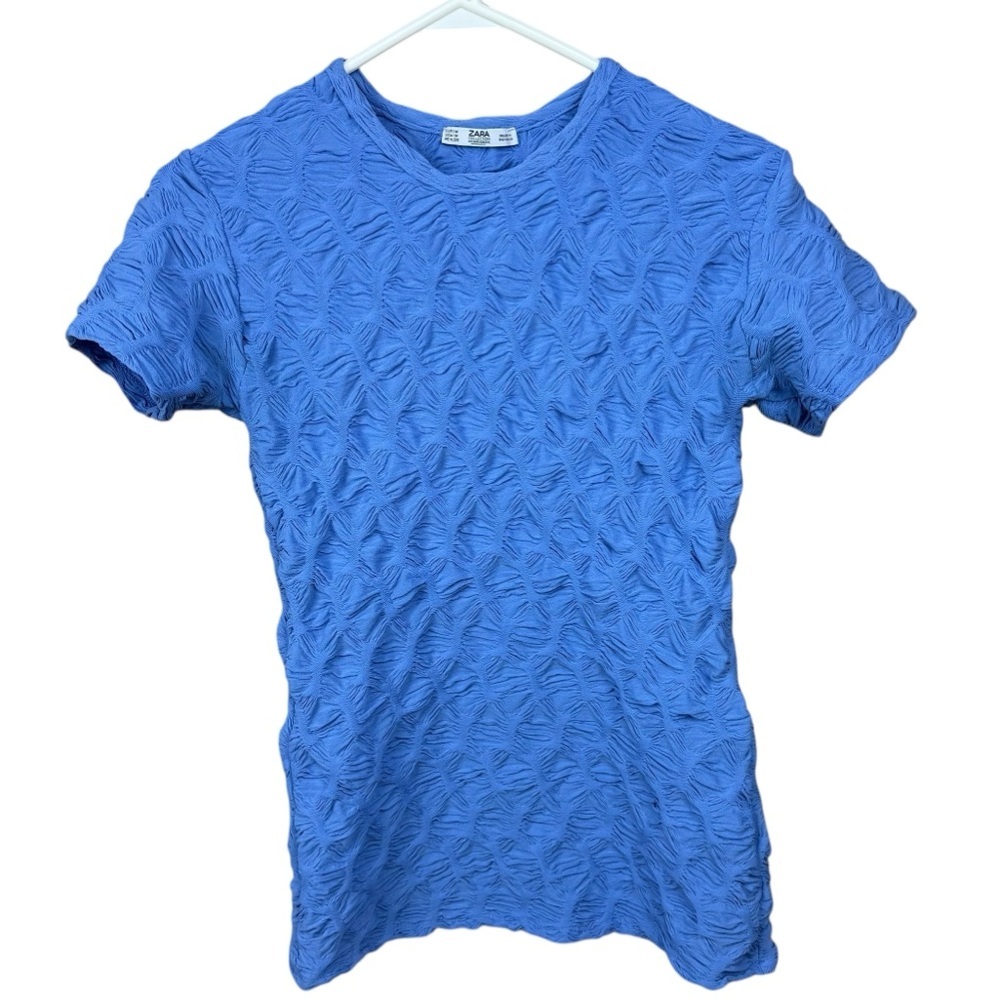 Zara Collection Woman Basic Blue Textured Ruched Knit Short Sleeve Top Size M